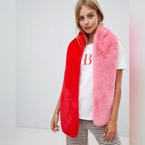 Miss Selfridge colorblocked faux fur scarf in pink and red
